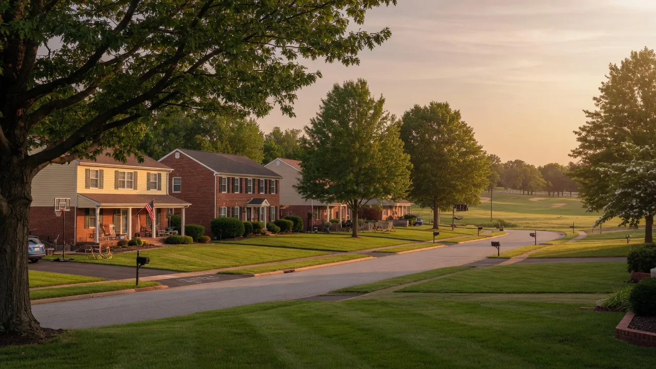 A tree-lined street of family homes in Wakefield Valley, Westminster, Maryland at golden hour