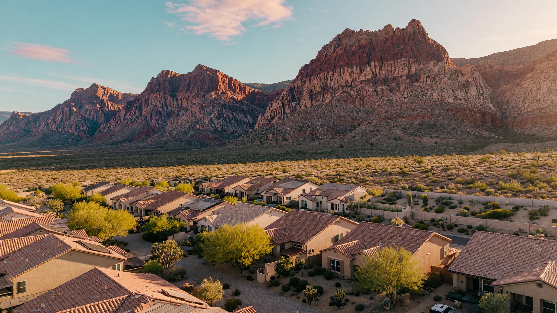 Wide panoramic view of desert homes against the mountain ridgeline in Summerlin South