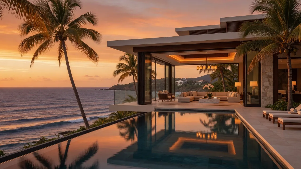 A luxury modern beachfront villa in Panama at golden hour, with an infinity pool in the foreground reflecting a warm sky and open glass walls facing the Pacific