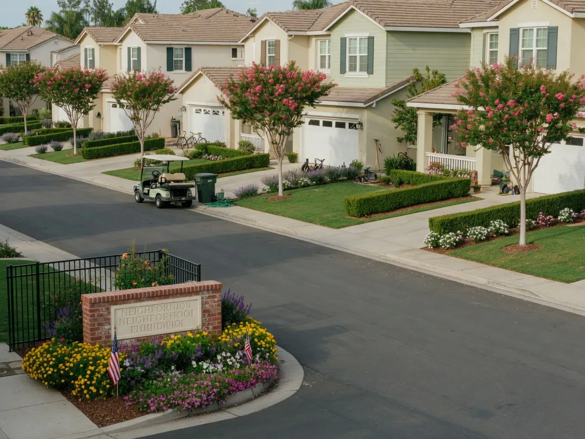 Serene maintenance-provided community with manicured lawns and landscaping