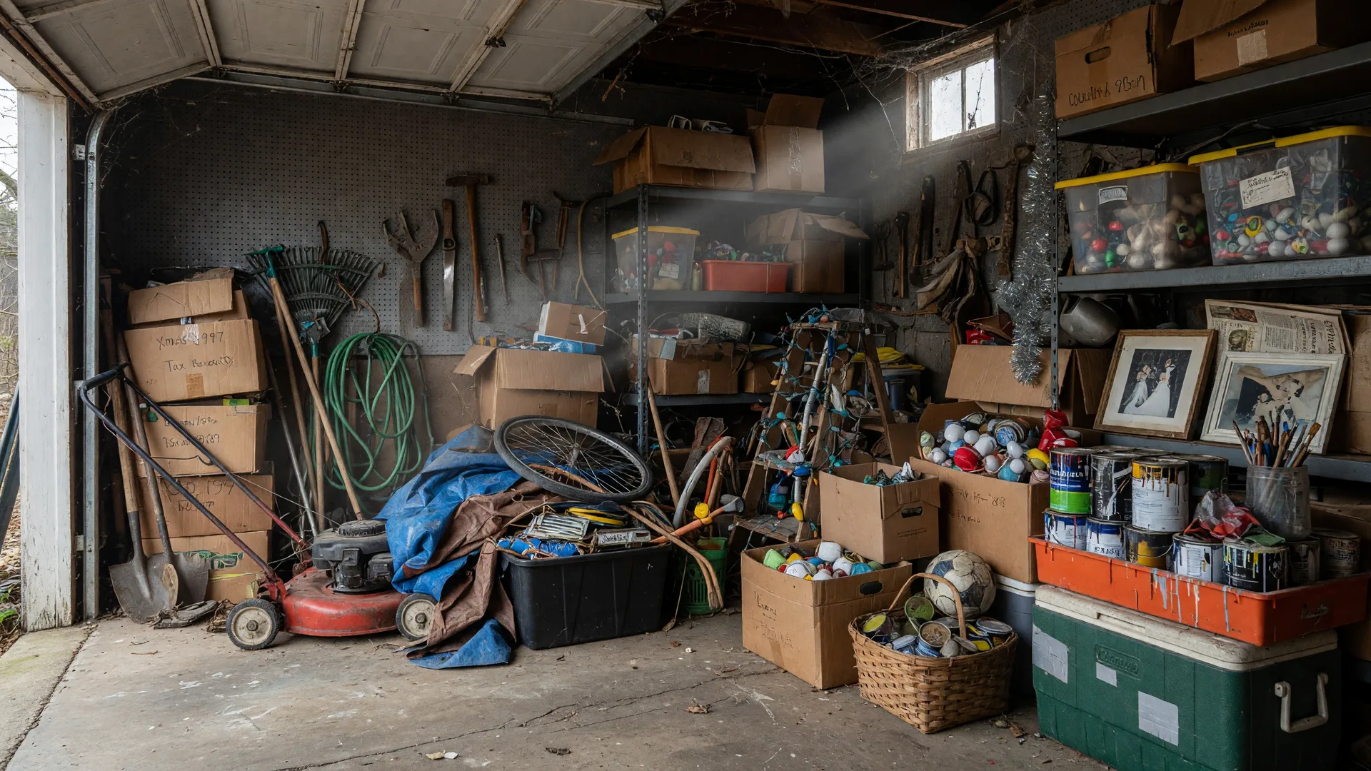 Cluttered garage or attic storage in a Maryland probate home before the managed cleanout