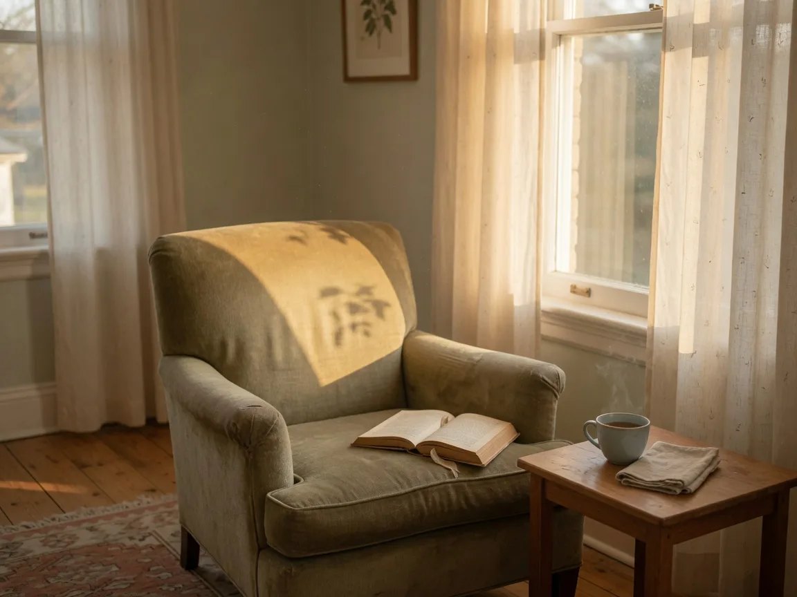 A comfortable armchair beside a bright window with an open book and a mug of tea, a picture of healthy solitude