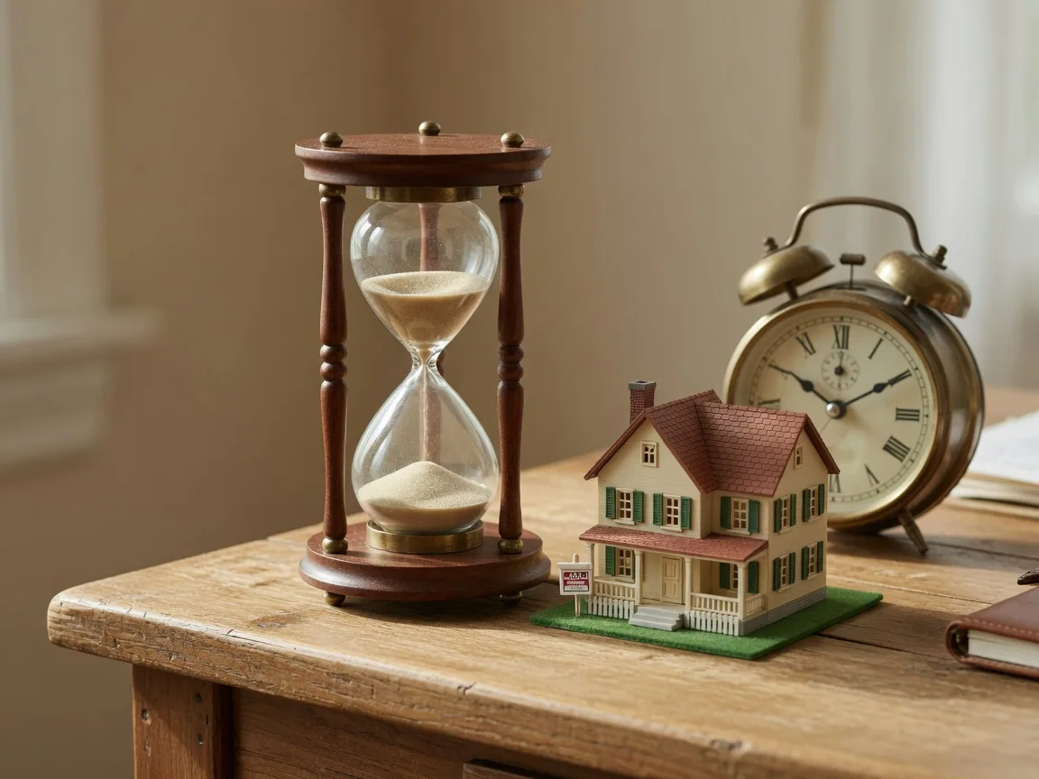 Hourglass with miniature house and clock representing the timeline to sell a house in South Florida