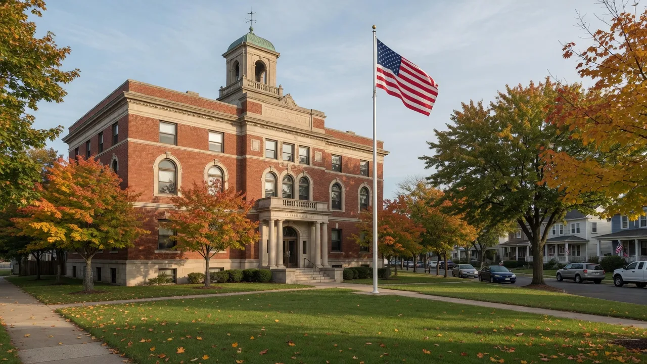 The Bloomfield municipal building with its brick and stone civic architecture, American flag, and autumn-turning maples on a late-September morning