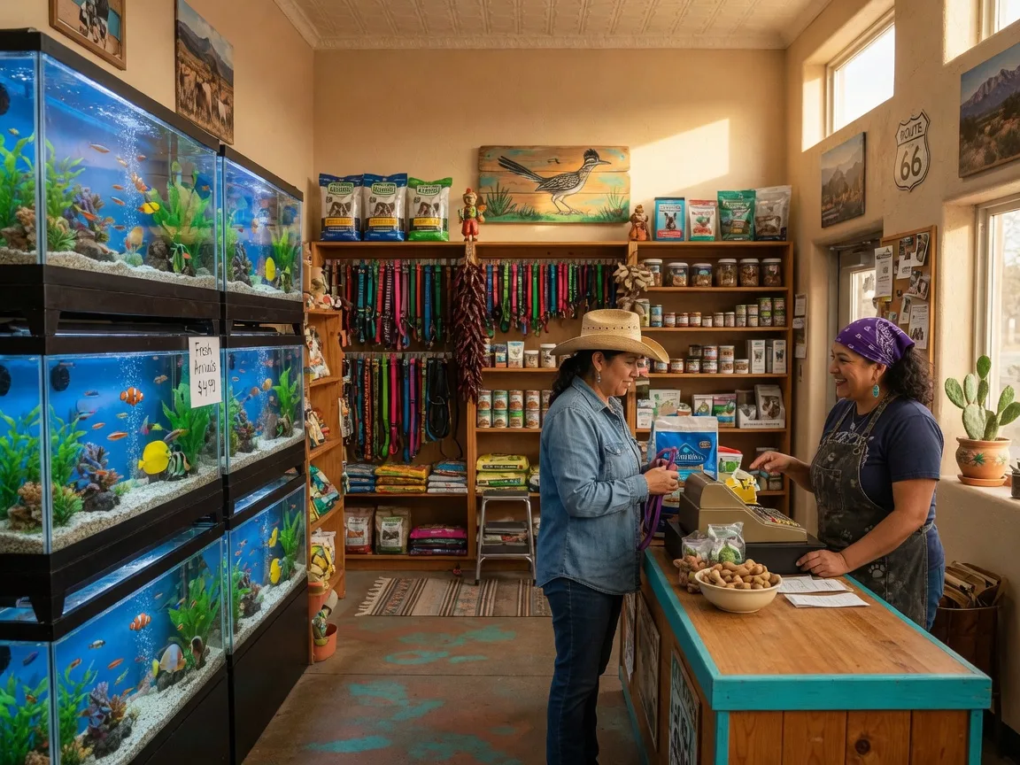 Inside Clark's Pet Emporium in Albuquerque's Northeast Heights showing colorful aquariums, pet supply shelves, and a busy retail floor