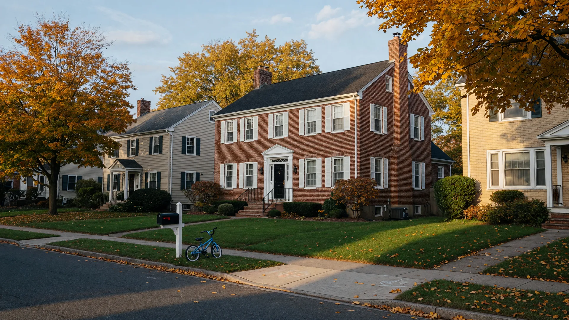 A quiet suburban street in Burlington County in early October, a colonial brick home among well-kept neighbors with the first amber fall color in the trees