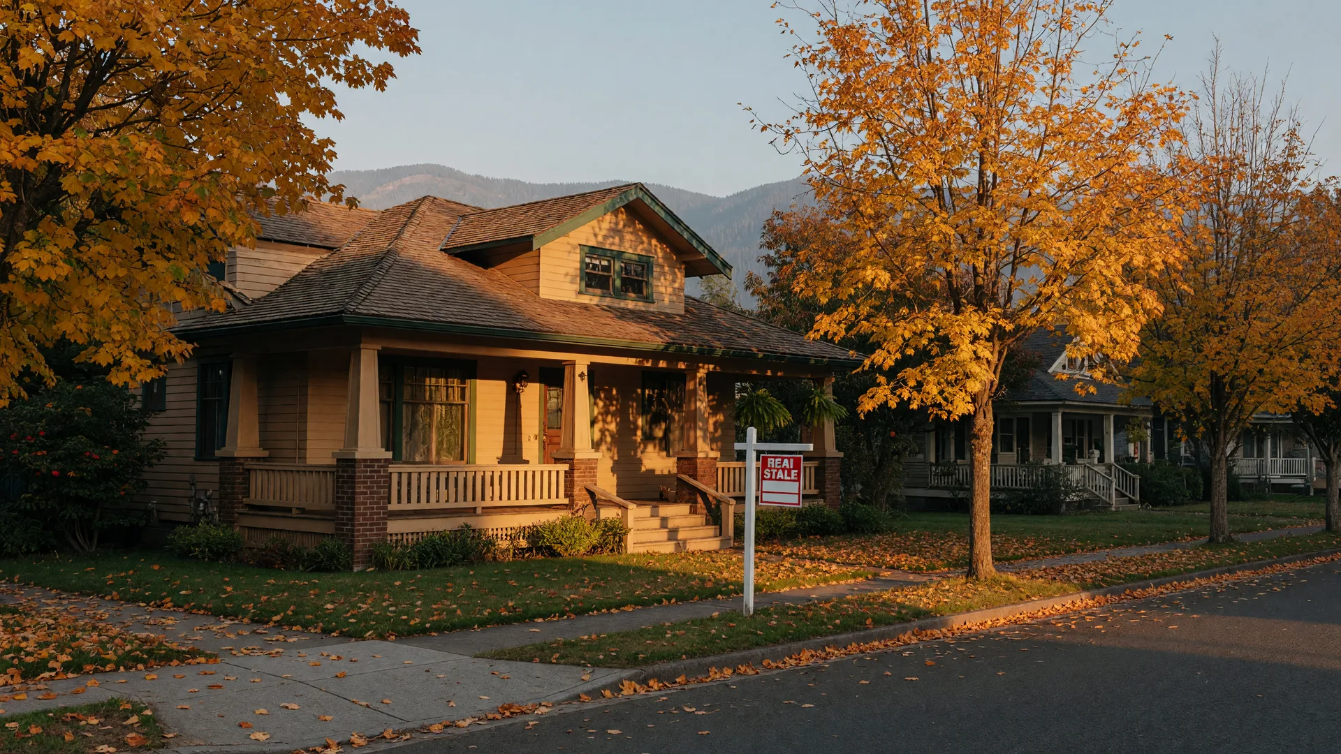 A classic single-family home on a quiet Forest Grove street in early October, a for-sale sign in the yard, maples turning gold and amber under a golden-hour sky with the Coast Range foothills in the distance