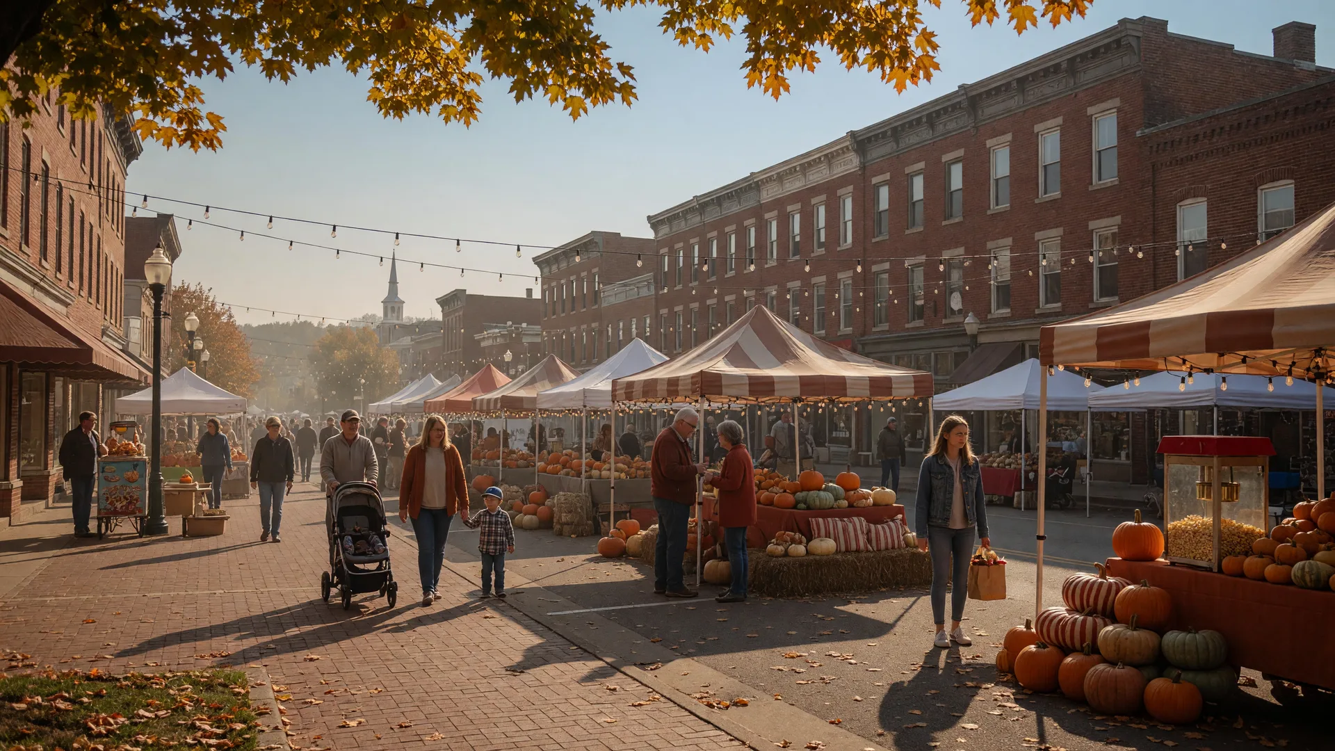 A warm September afternoon on a small-town Ohio Main Street with vendor canopies, stacked pumpkins near a popcorn stand, string lights, and families strolling beneath early-turning maple leaves