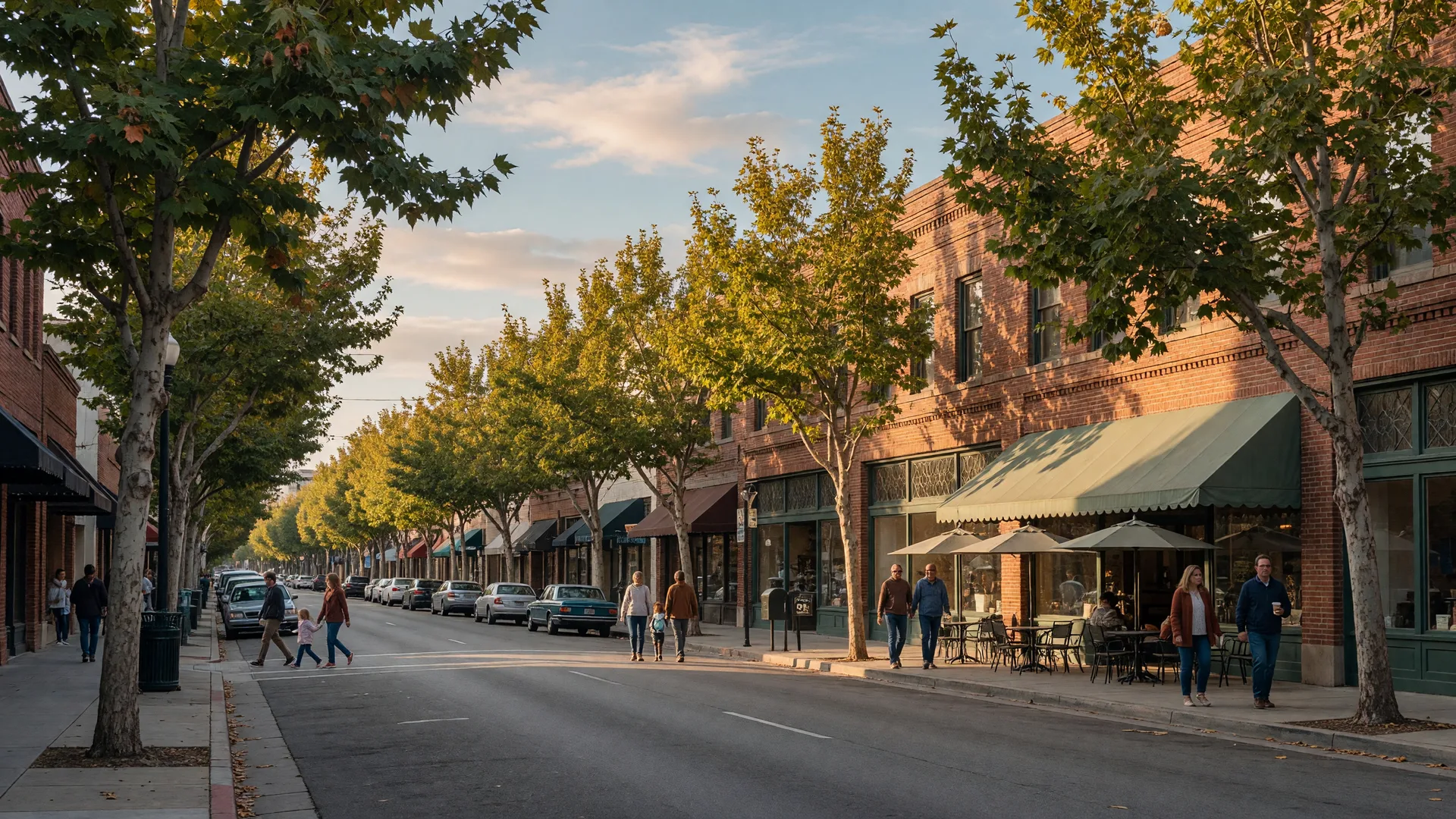 A warm October morning on tree-lined Colorado Boulevard in Old Pasadena, with walkers, a cafe awning, and red brick storefronts