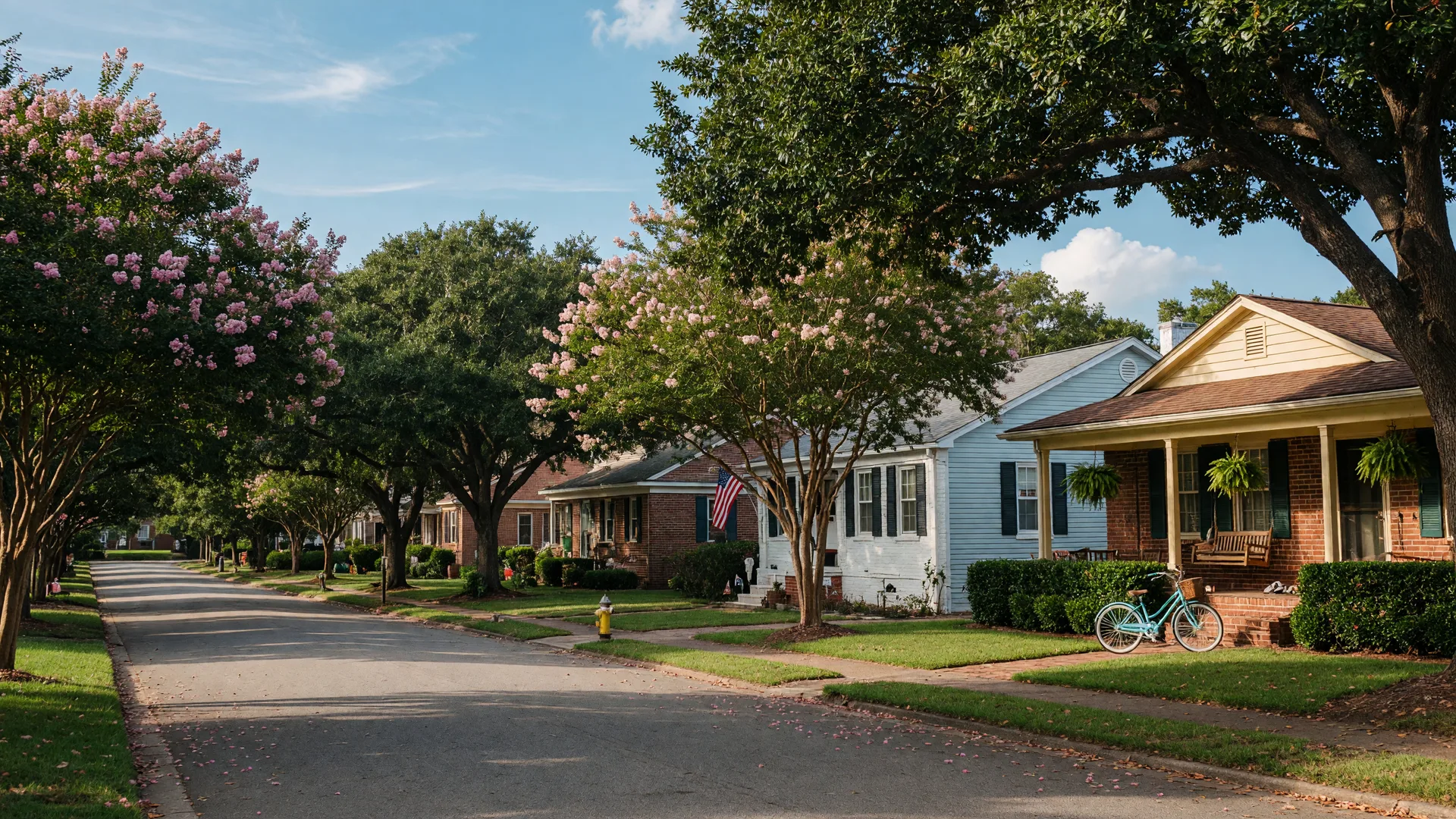 Tree-lined residential street in Virginia Beach with brick and siding suburban homes on a sunny late-summer afternoon