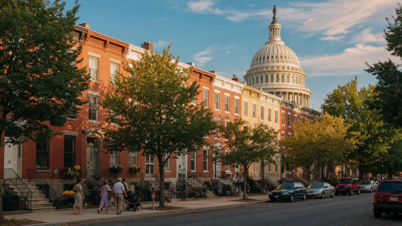 Historic brick rowhouses on a tree-lined Capitol Hill street in Washington, DC at golden hour, with the dome of the U.S. Capitol rising in the distance