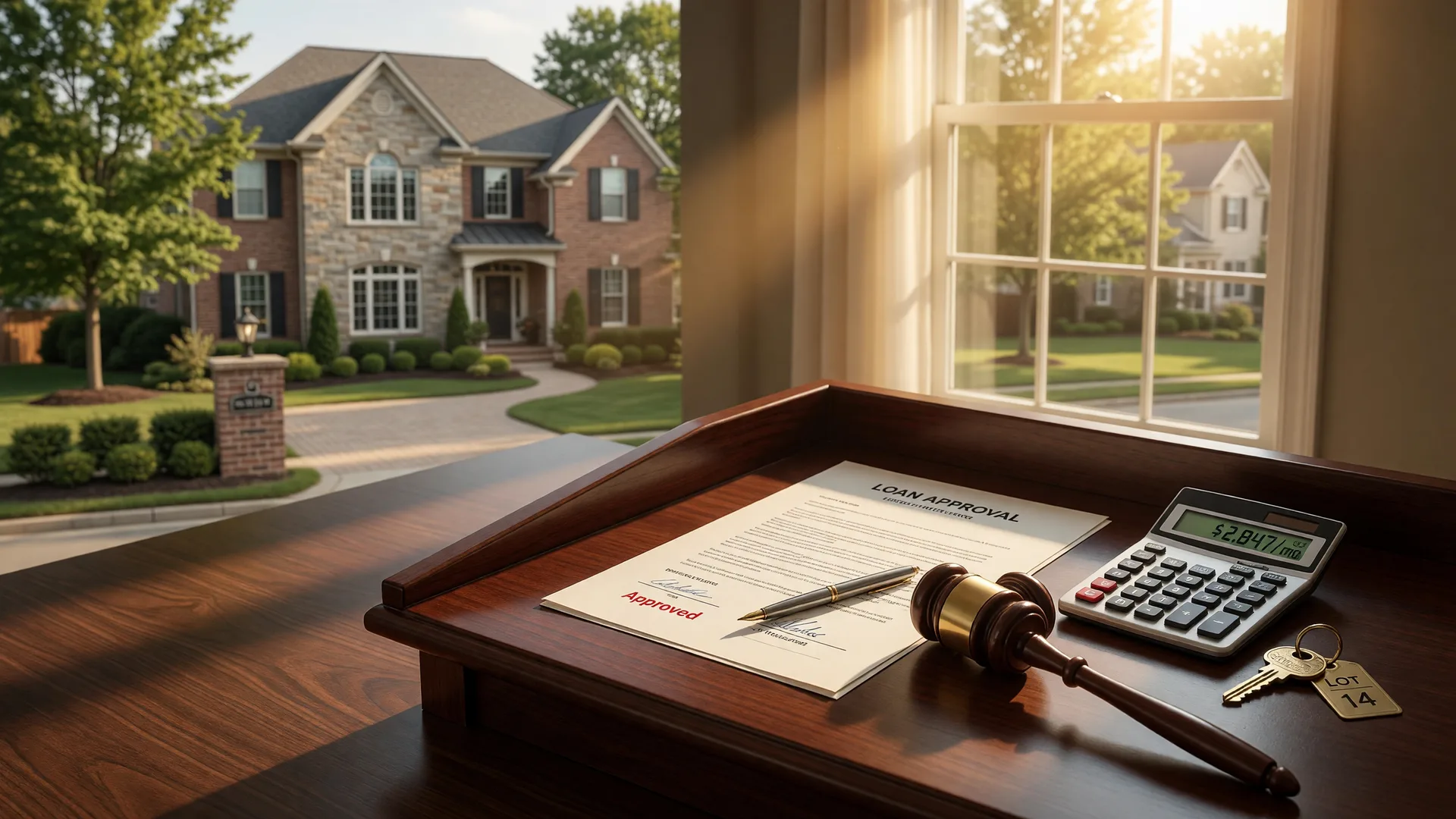 Mortgage loan documents, a mortgage calculator, and a brass house key on a walnut auction podium beside a polished gavel, with a soft-focus stone and brick Ohio home visible through a window