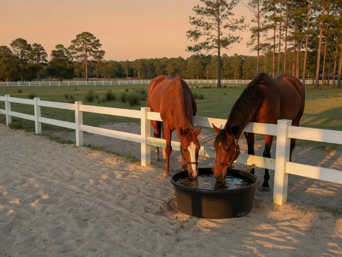 Two horses drinking from a round automatic water trough at a white board fence on an Aiken paddock at golden hour