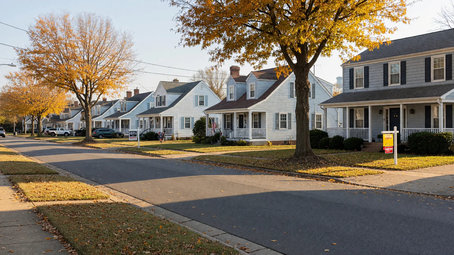 A quiet Virginia Beach suburban street with for sale signs on front lawns on a bright autumn afternoon