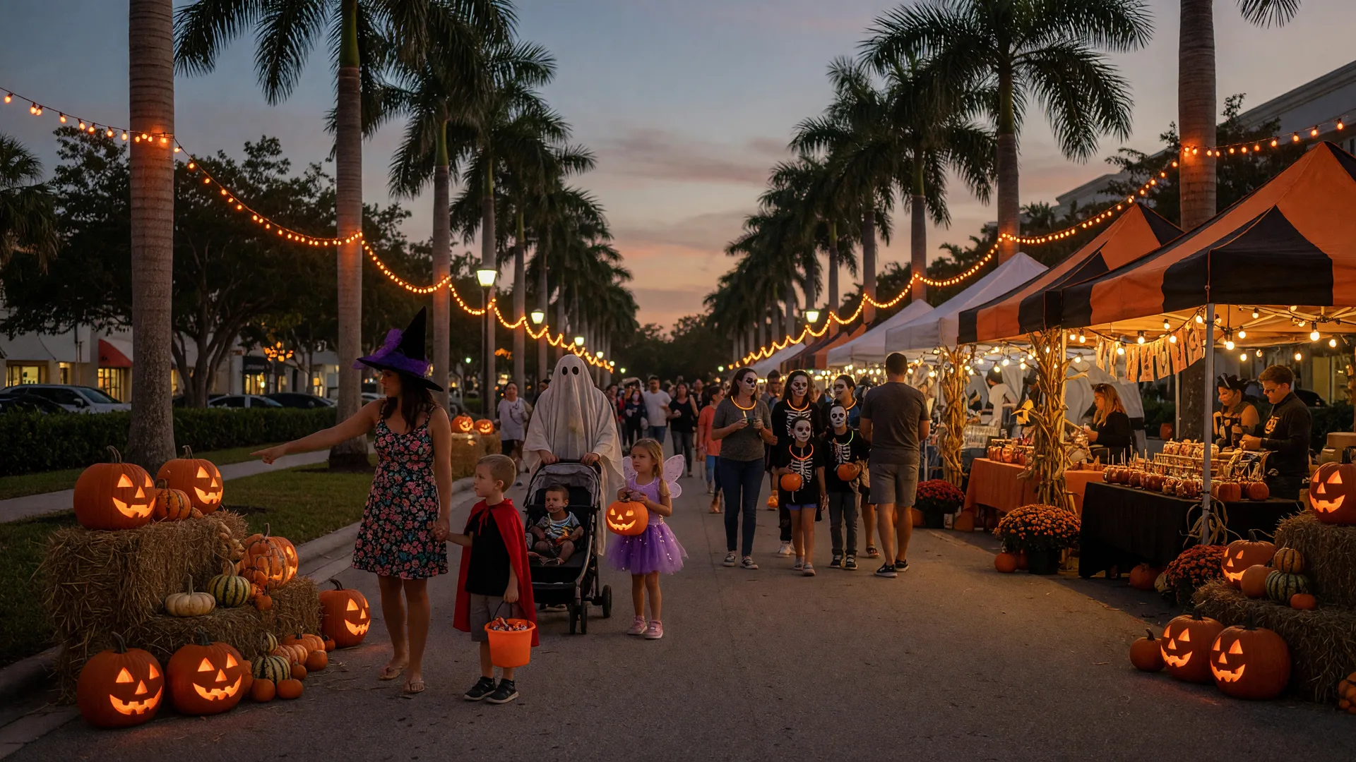 A family Halloween celebration on a palm-lined downtown avenue in Naples with carved jack-o'-lanterns, orange lights, hay bales, and fall gourds along the sidewalks at dusk