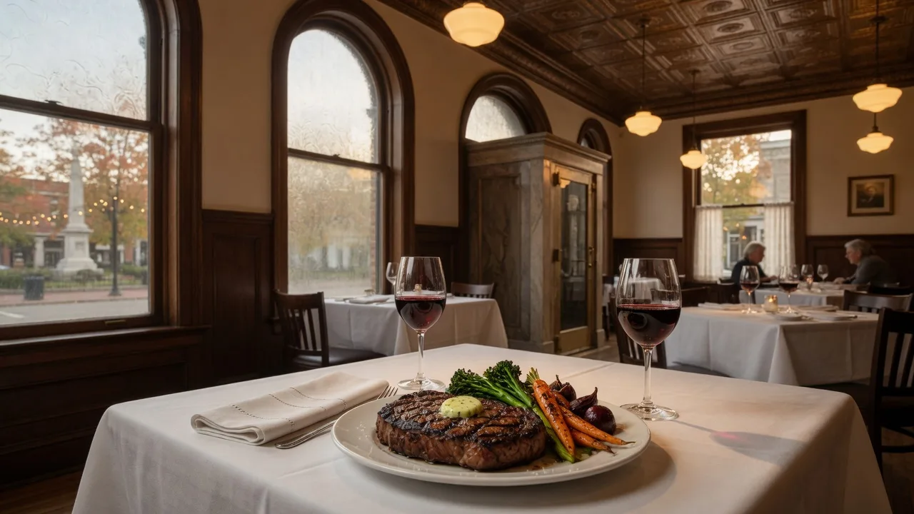 A plated grilled steak with seasonal vegetables at The Caroline on the Public Square in Troy Ohio, served on a white tablecloth in a warm historic dining room with wood wainscoting and bronze ceiling