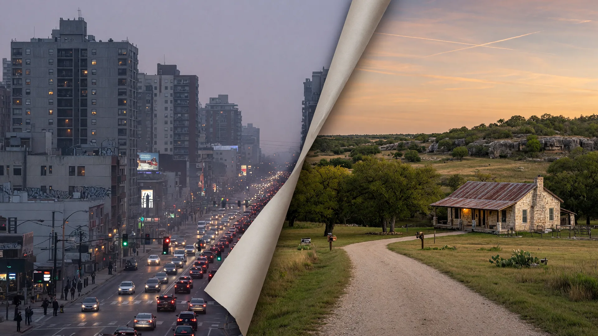 A dense gray city skyline at dusk on the left meeting an open Texas Hill Country homestead at golden hour on the right