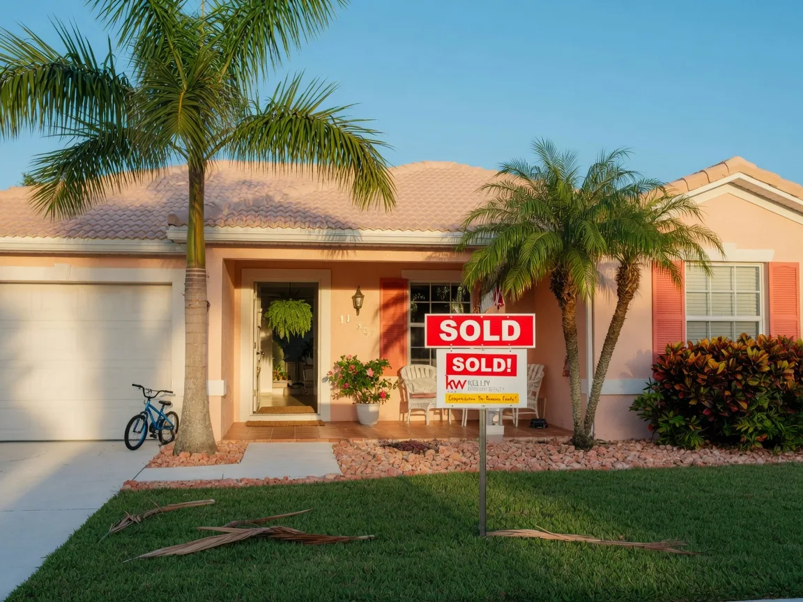 Florida home with Sold sign, palm trees, and open front door on a sunny morning