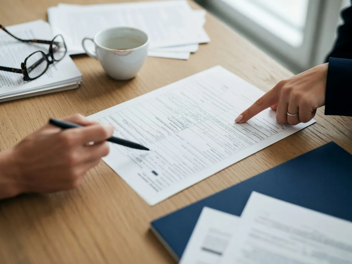 A buyer preparing a purchase offer at a wooden desk, pen in hand over the form.