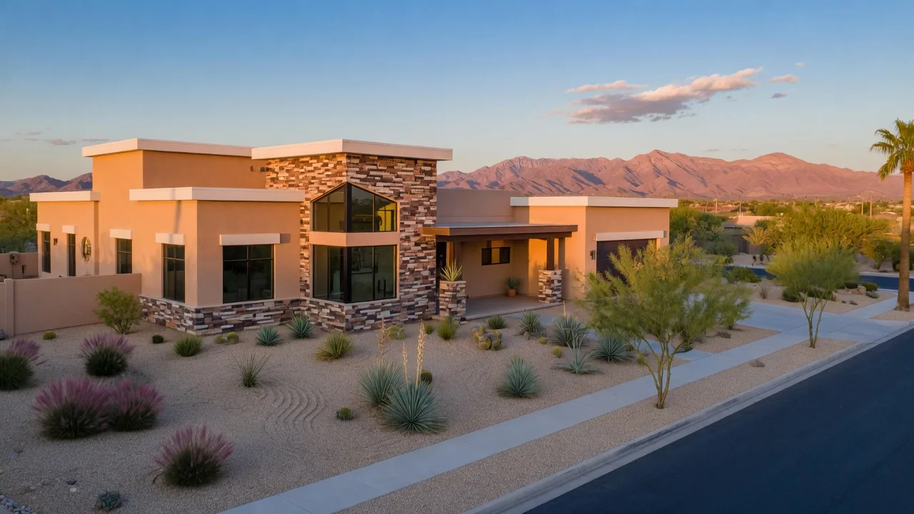 Newer master-planned community home in Peoria, Arizona, with mountain views at late afternoon