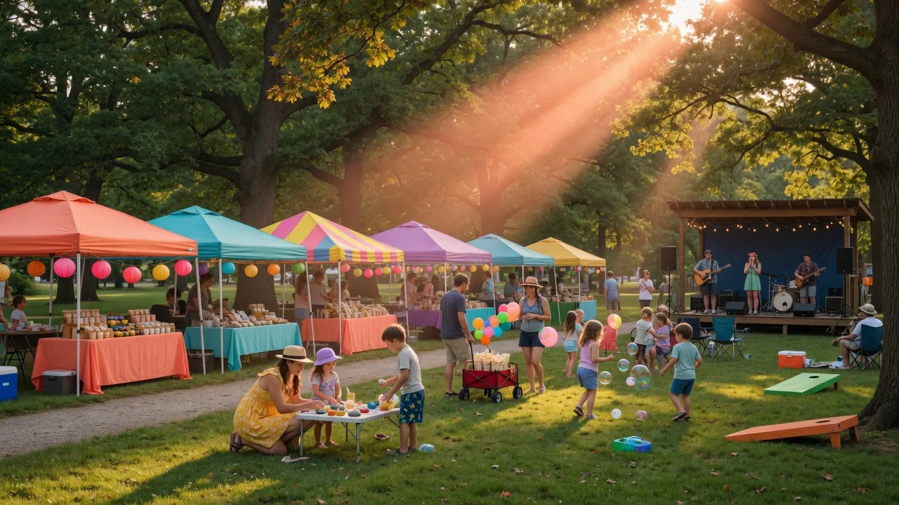 Late-summer community festival in Northwest Indiana with families enjoying vendor tents, live music, and outdoor activities under mature oak trees at golden hour