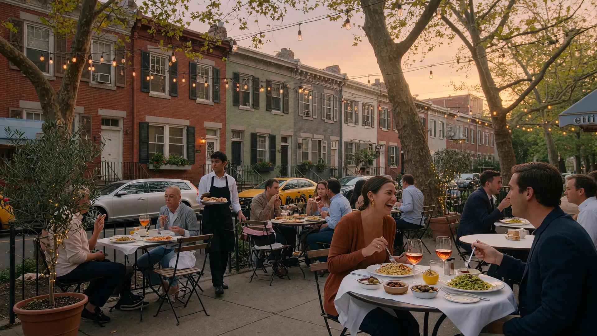 Outdoor cafe patio at golden hour on a tree-lined street in Washington Square West, Philadelphia