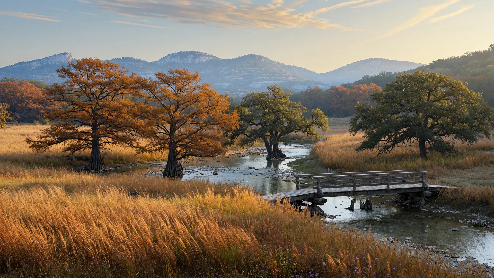 Golden fall prairie and a spring-fed creek at the Cibolo Nature Center in Boerne, Texas