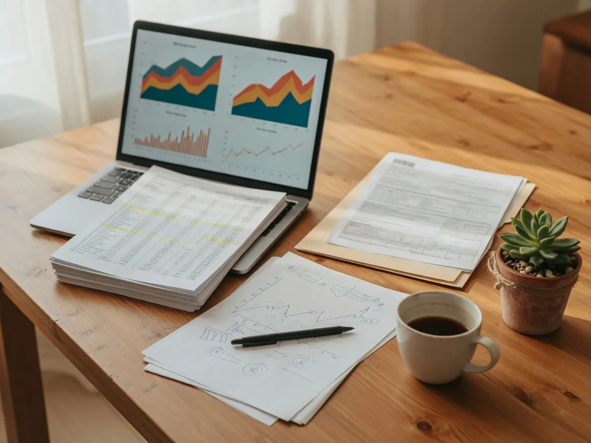 Financial documents and mortgage rate charts on a warm wooden desk