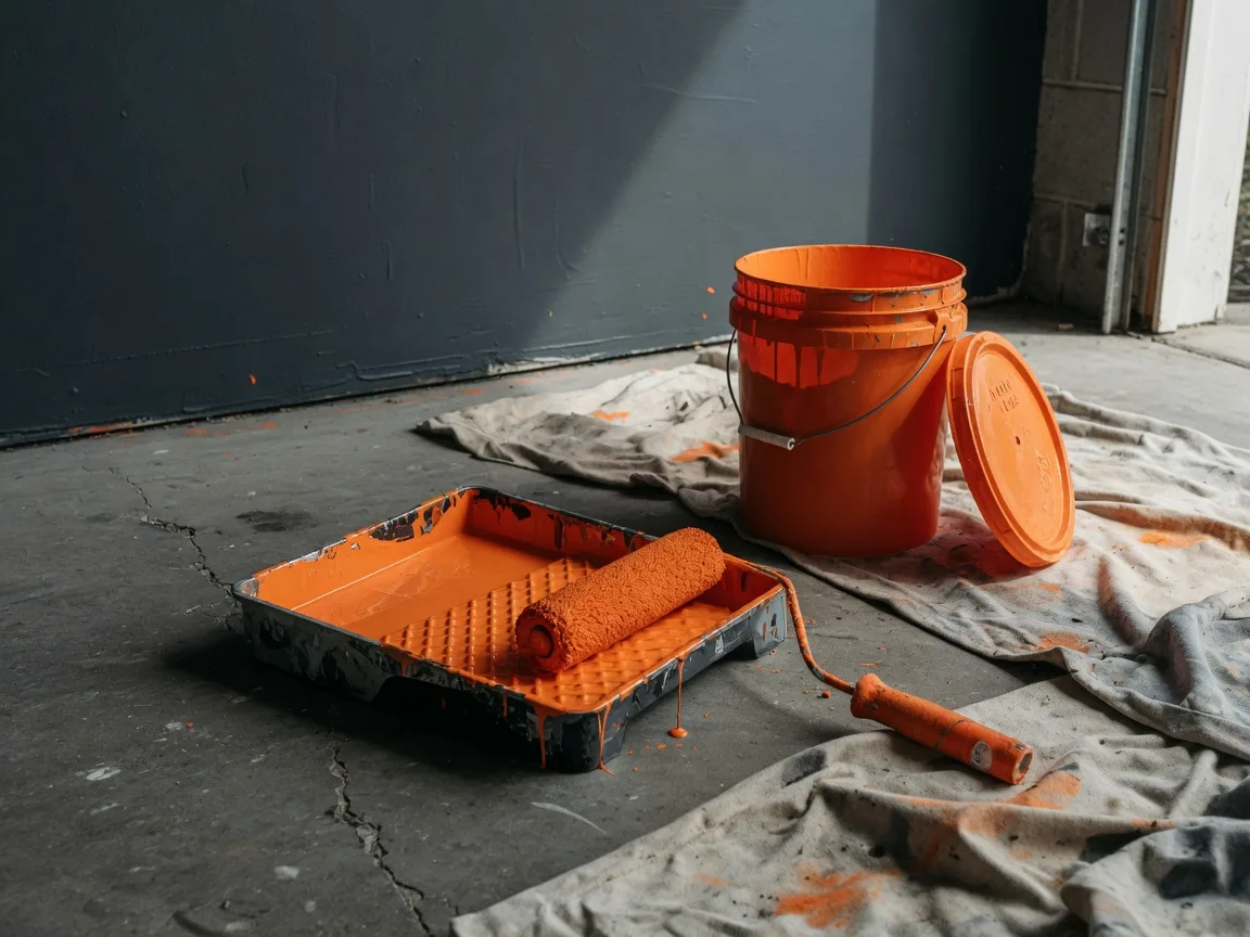 A paint roller loaded with safety-orange paint resting over a metal tray beside a five-gallon bucket on a charcoal garage floor