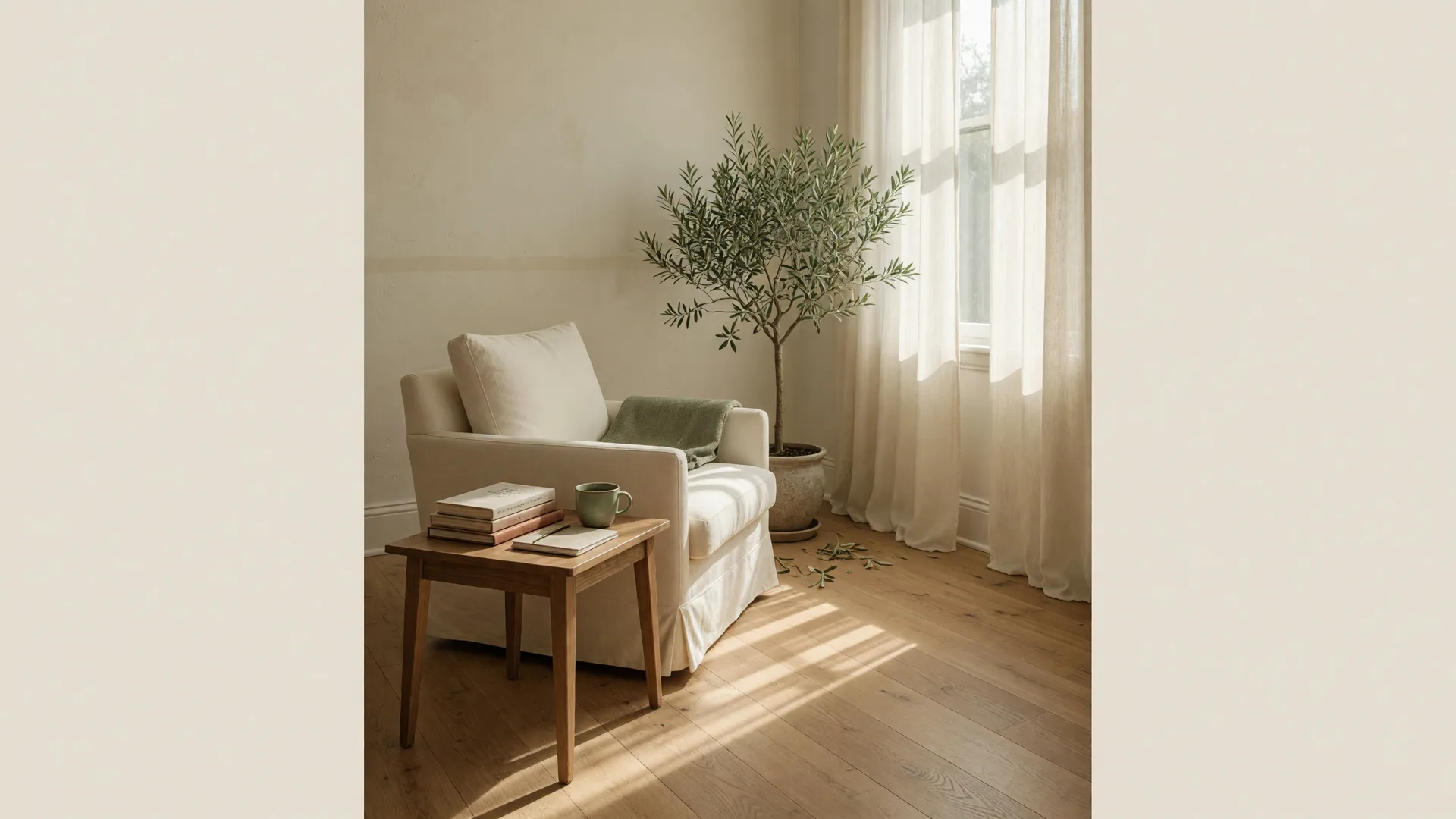 A calm therapy room with an ivory armchair beside a tall window and a potted olive tree in soft morning light