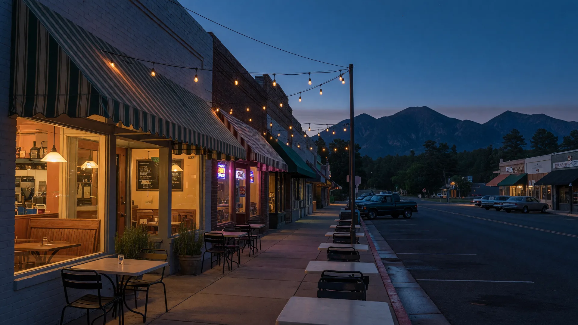 The Route 66 dining row in downtown Flagstaff at dusk, restaurant windows glowing under string lights