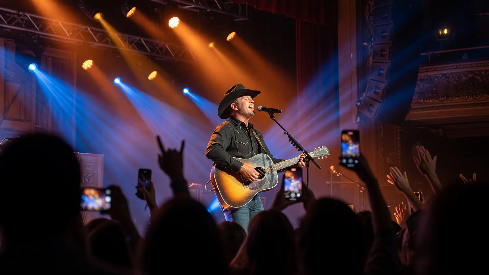 Concert atmosphere with a country music artist performing on stage under warm amber lights