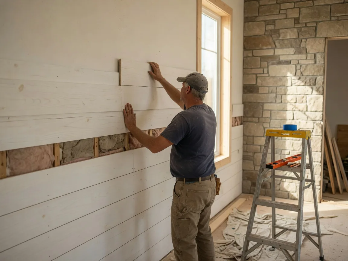 Craftsman aligning interior trim in a custom home during the finish phase