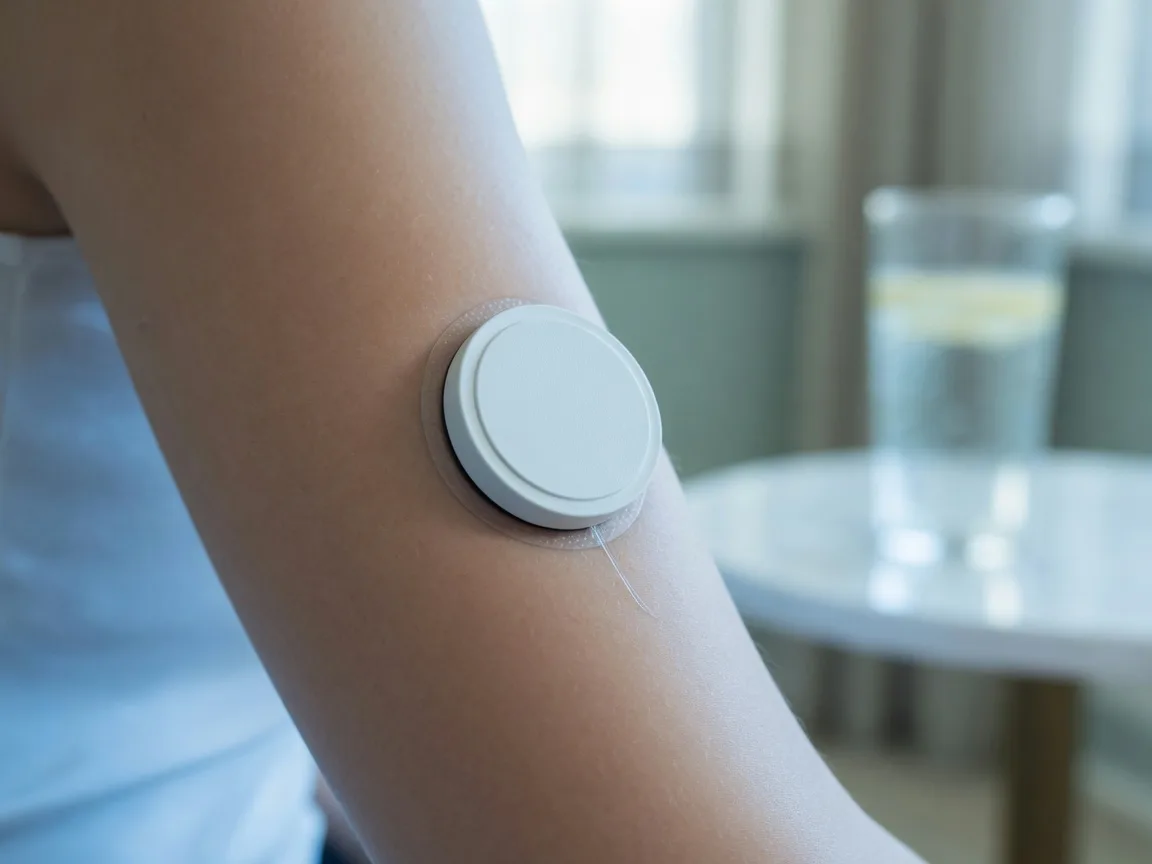 A continuous glucose monitor sensor worn on the upper arm