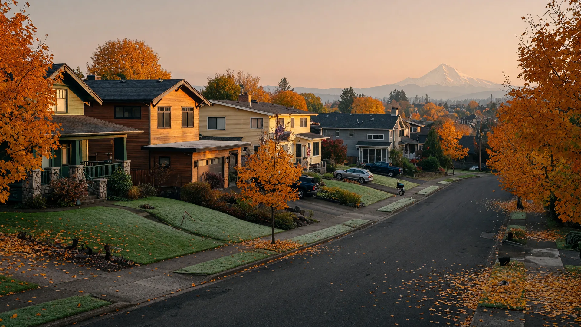 Quiet residential street in the Happy Valley hills with maple trees in full autumn color on a crisp October morning