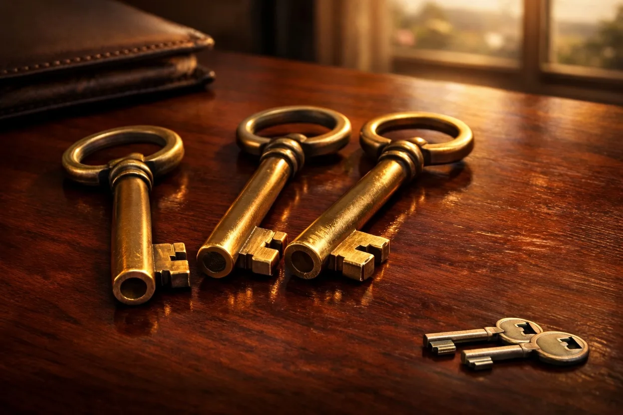 Antique brass keys resting on a dark wooden table, a visual for confident money and property decisions
