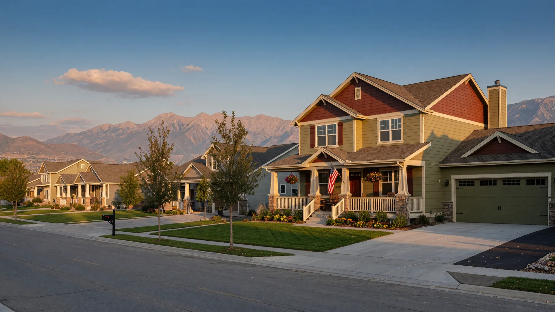 AI-generated image of a single-family home with a front yard in a Utah community at golden hour