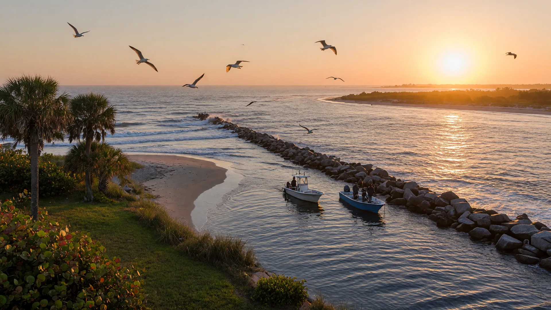 The Sebastian Inlet at late afternoon, with small fishing boats on warm water where the river meets the ocean