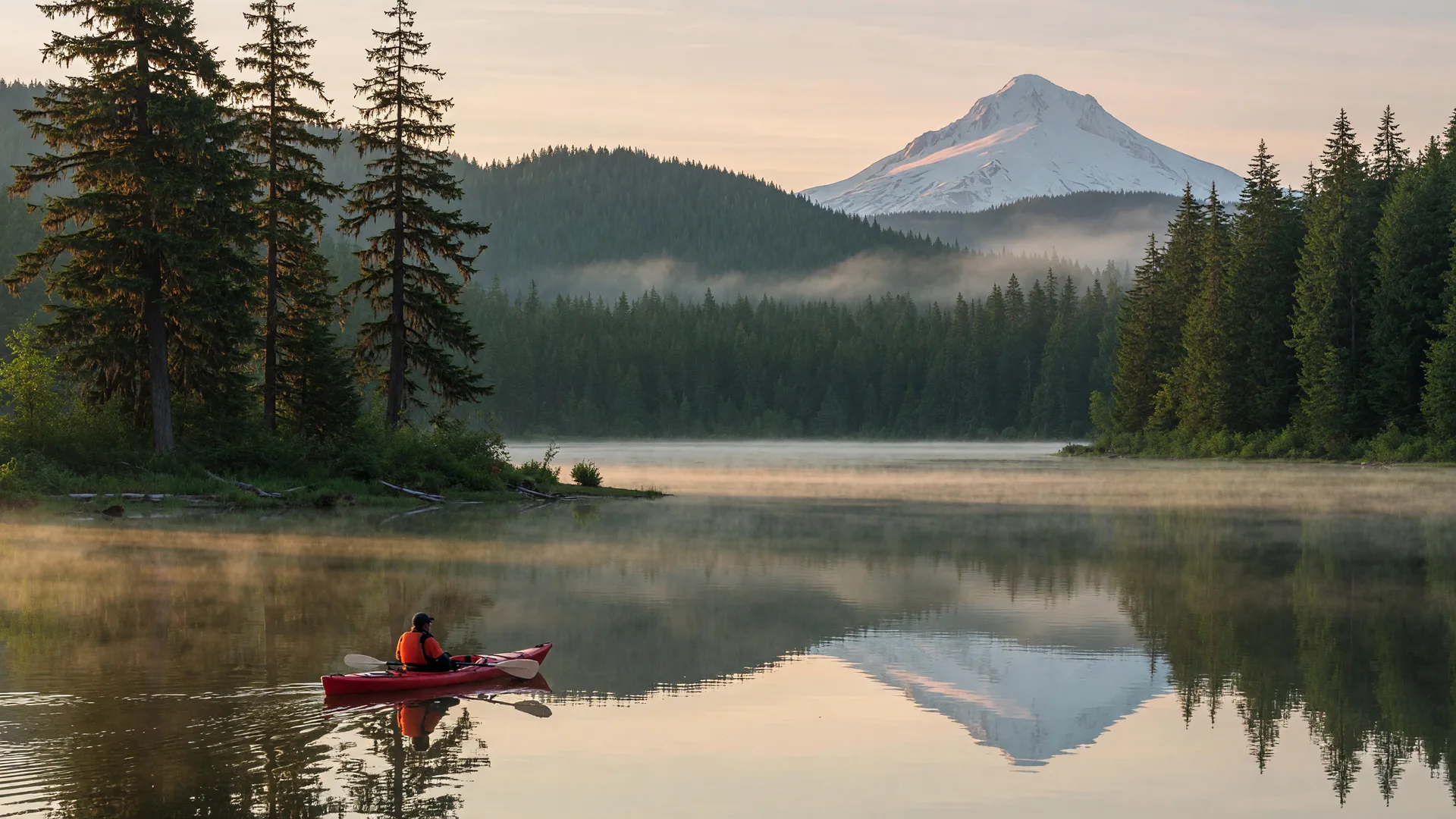 Calm morning at North Fork Reservoir near Estacada, Oregon, with still water reflecting forested hills and a lone kayak gliding across the placid surface under soft golden light
