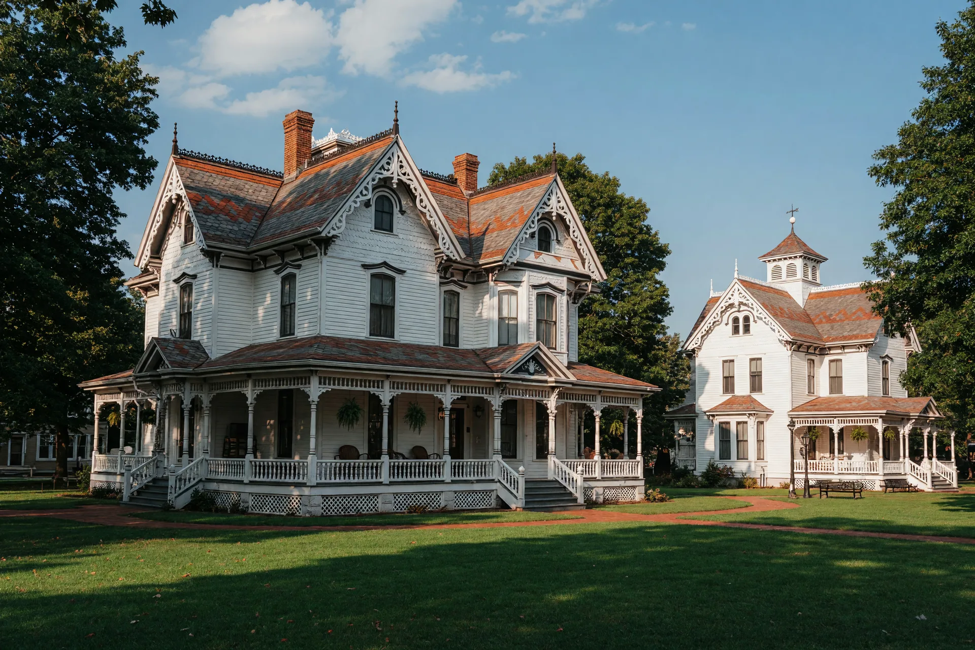 Warner Circle Park and the Warner Mansion in Kensington, Maryland in daylight