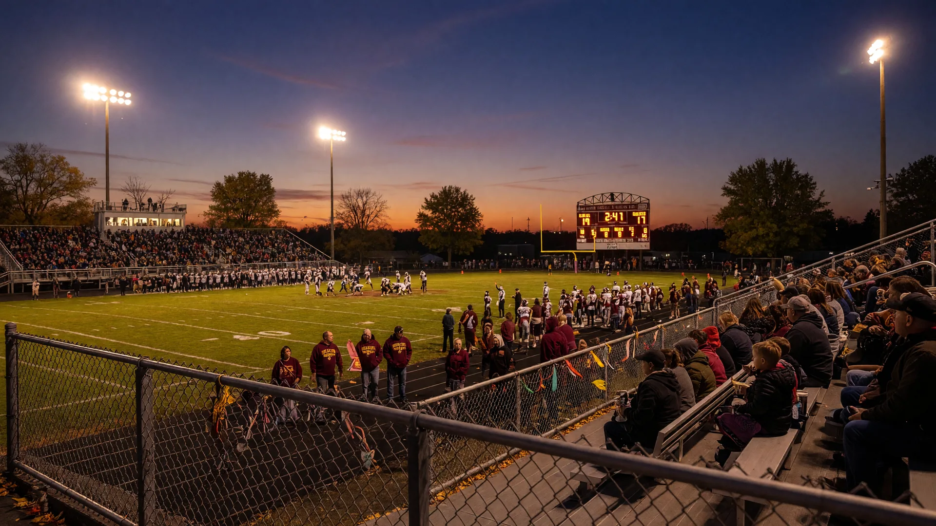 Friday night lights at a rural Clinton County Ohio high school football stadium at twilight with a lit scoreboard, packed bleachers, and stadium lights glowing against a deepening sky