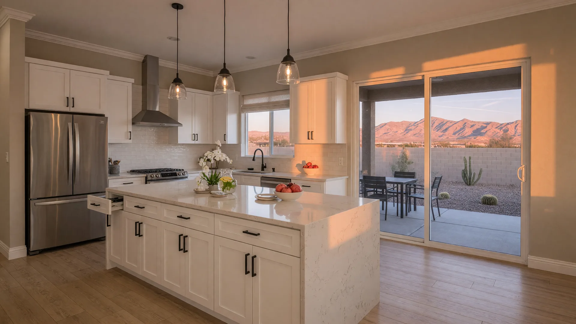 Beautifully renovated Las Vegas kitchen with quartz countertops, stainless steel appliances, pendant lighting, and desert mountain views