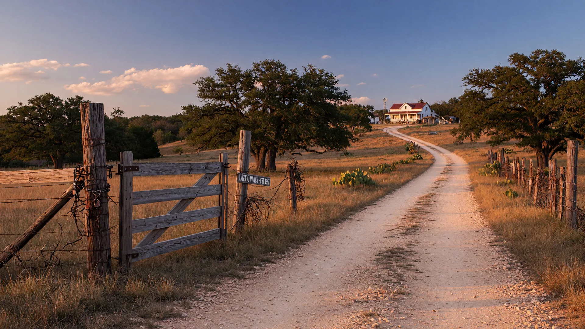 Texas Hill Country ranch entrance with rustic wooden gate and winding country driveway
