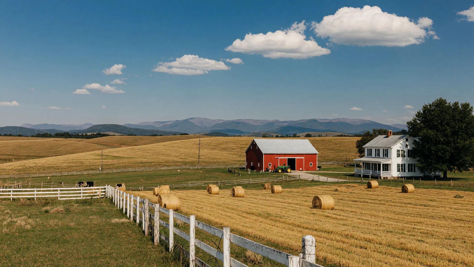 Rolling pastureland and a red barn in the northeast Georgia Piedmont of Franklin County