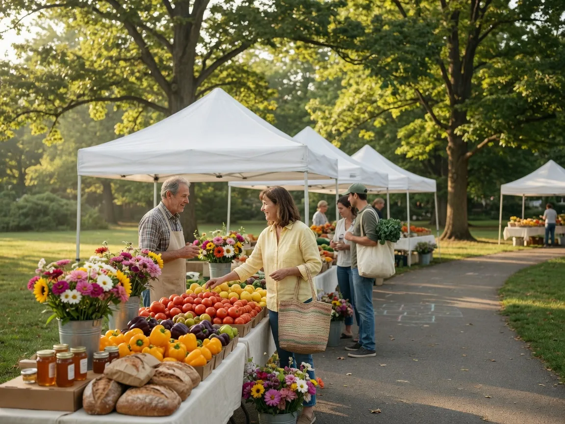 White canopy tents over tables of tomatoes, peppers, honey, and fresh bread at a Sunday farmers market in a leafy park