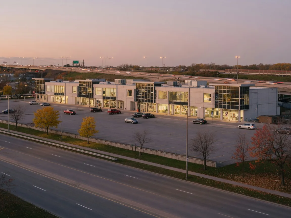 Large regional shopping centre in south Oshawa across a wide boulevard at golden hour, with a glowing parking lot and Highway 401 traffic in the distance