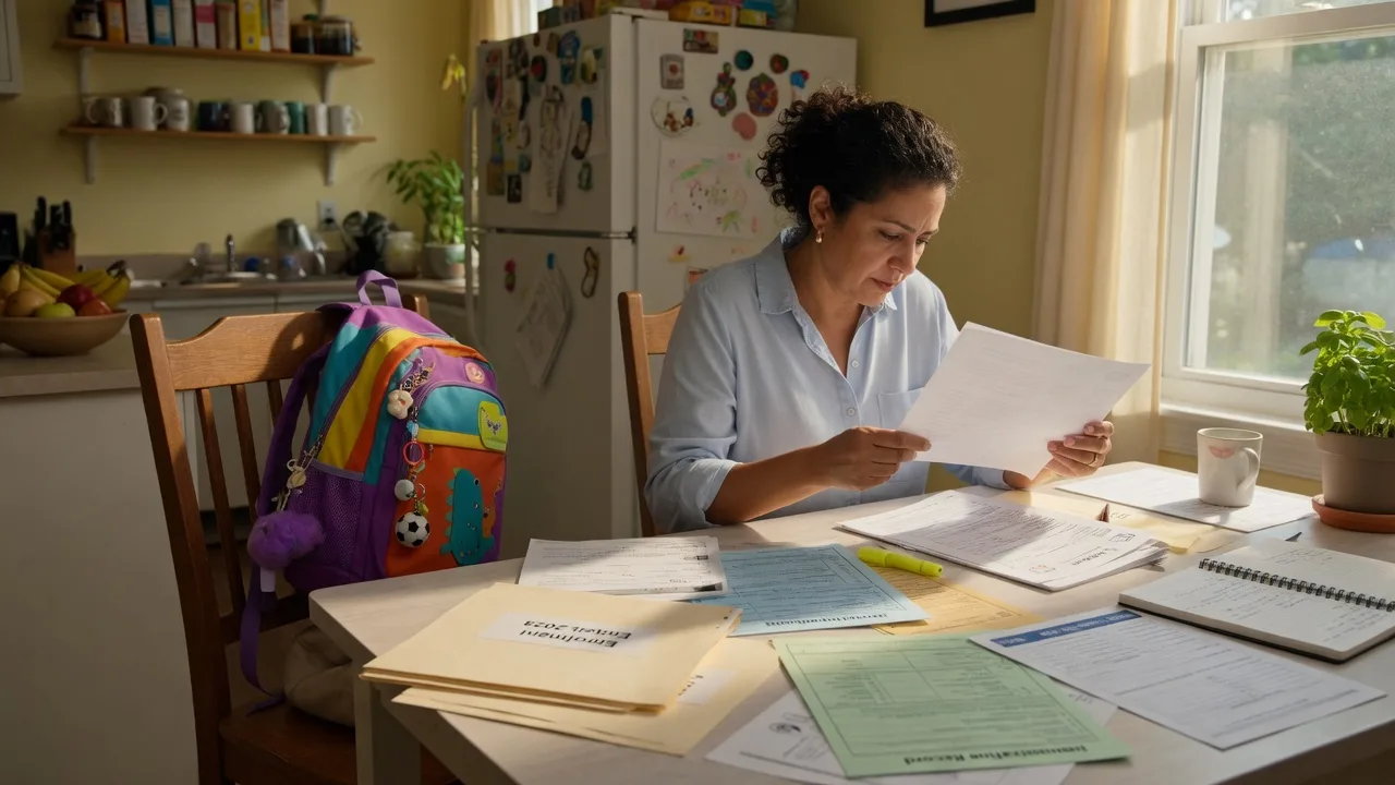 Parent organizing school enrollment documents for Boerne ISD or Comal ISD transfer from California.