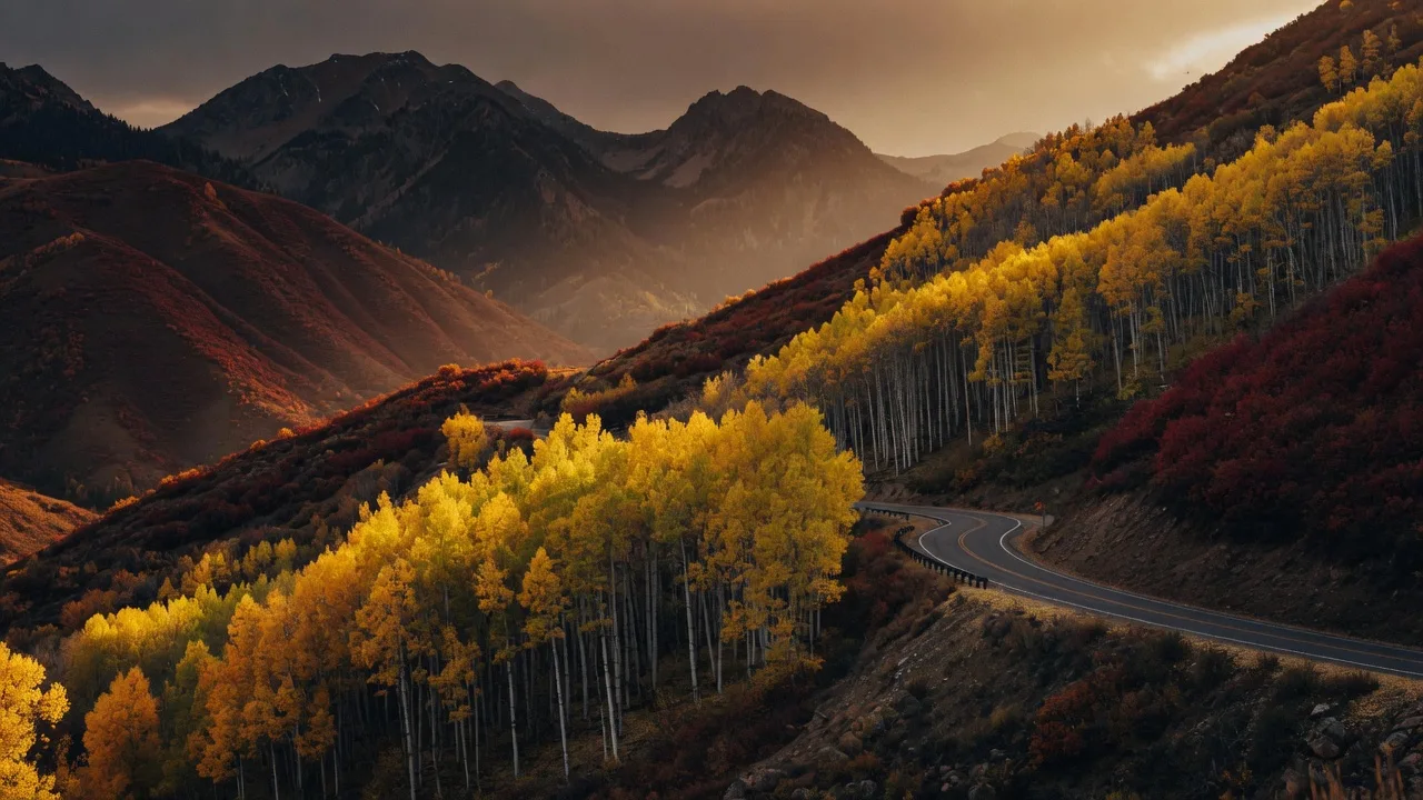 Golden quaking aspen groves in full autumn color on a Wasatch mountain hillside at golden hour