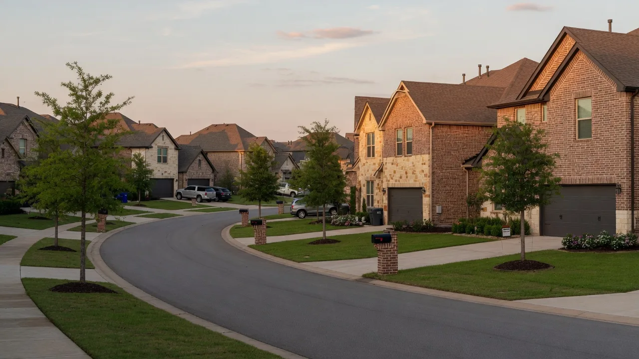 A quiet curving street of brick and stone homes in Fulshear, Texas at golden hour