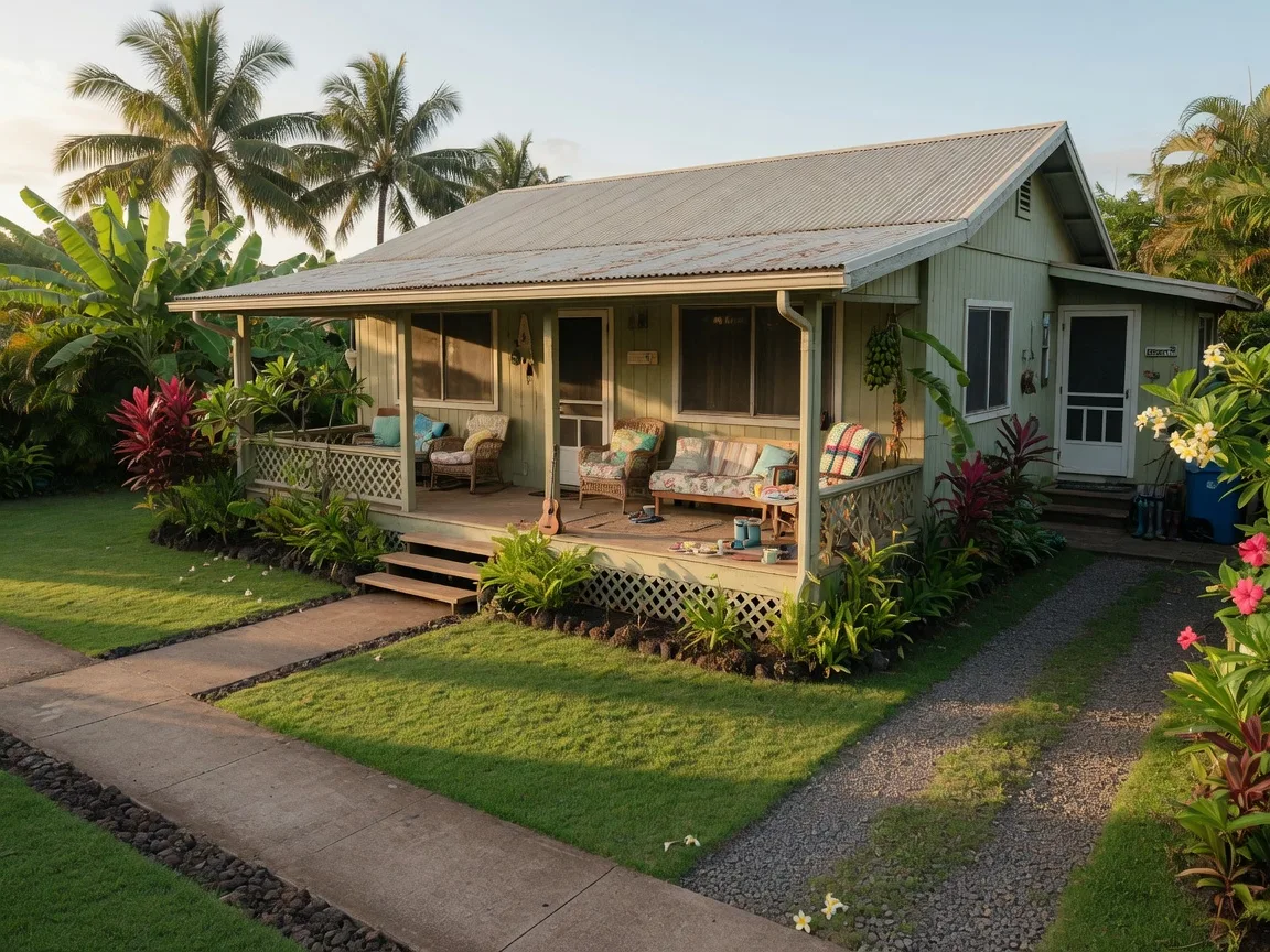 A plantation-style home with a wide covered lānai and separate entry paths